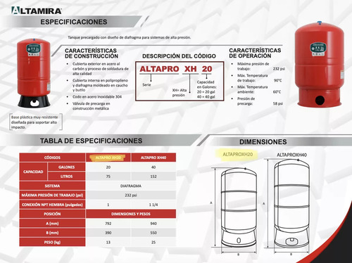 Tanque Hidroneumático Altamira De Diafragma 20 Gal Serie Xh