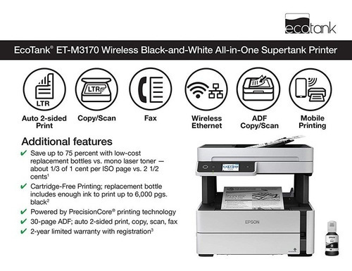 Epson Multifunción Ecotank M3170 Monocromo Wifi Red Duplex Color Blanco/negro