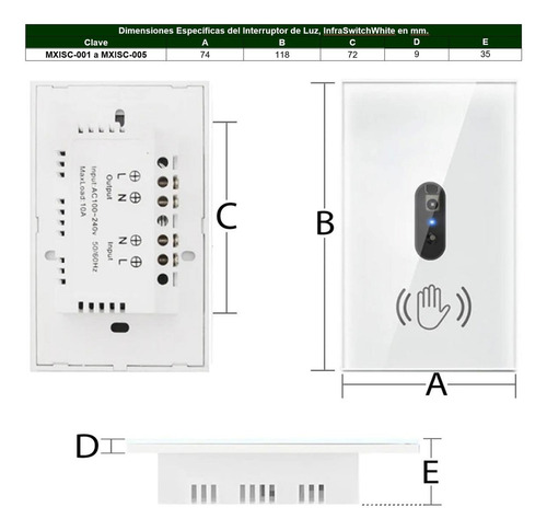 Sensor Automático Infrarrojo, Mxisc-001, 1pza, 1vía, Sensor Color Blanco Corriente nominal 10 A Voltaje nominal 240V