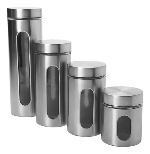 Kit 4 Potes Grandes Aço Inox E Vidro C/ Visor Transparente