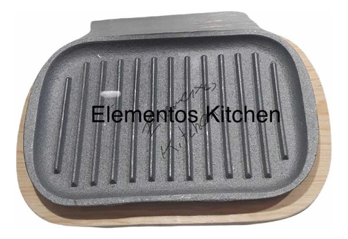 Plato Comal De Hierro Fundido Con Base De Madera Para Carne Color Gris