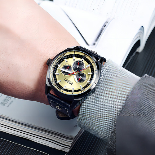 Relojes De Cuarzo Megir Calender Leather Business Color Del Fondo Dorado