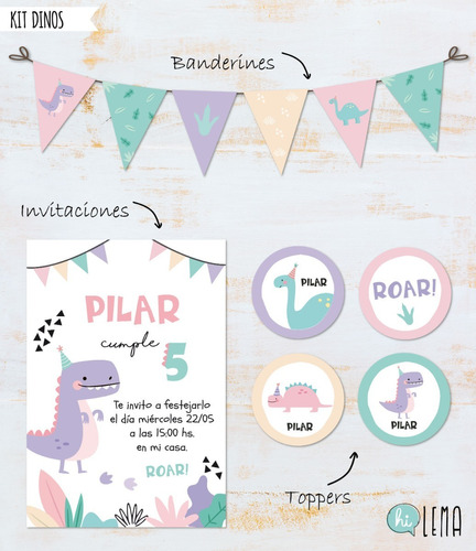 Kit Imprimible Dinos Nena Lila Deco + Candy Bar