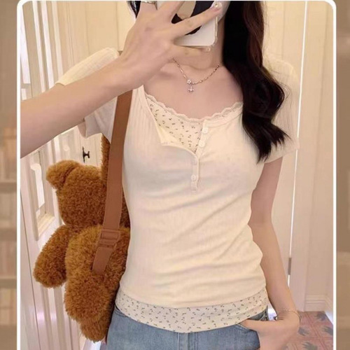 Camiseta De Mujer De Corte Ajustado Con Borde De Encaje Flor