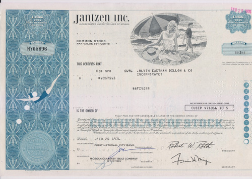 Certificado De Acciones Jantzen Inc. Nevada Usa