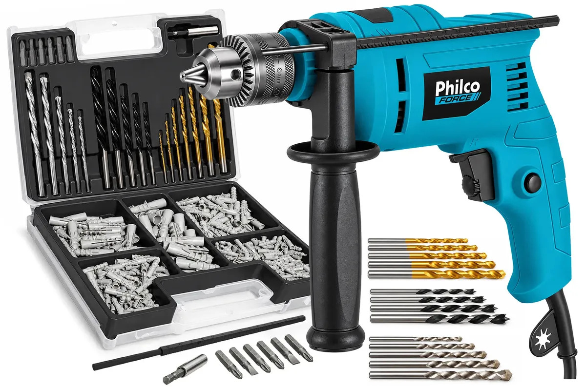 Furadeira De Impacto Philco 700w Philco PFU05 13MM 1/2" Com Kit Acessórios Brocas e Buchas 300 Peças