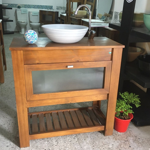 Imagen 3 de 9 de Vanitory Madera Maciza Apoyo Rustico 80 Puerta Vidrio Espejo