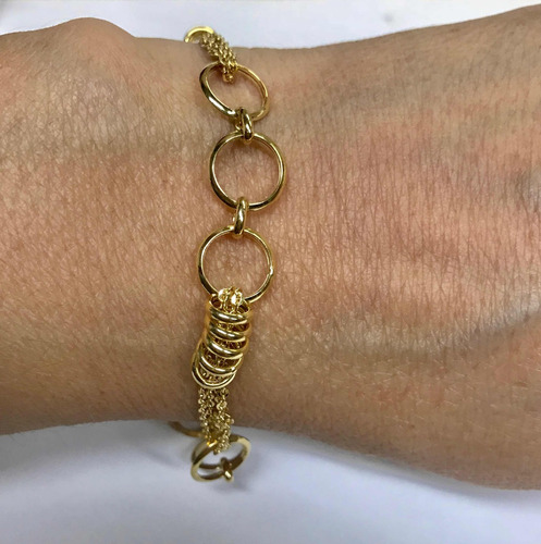 Pulseira Feminina Elos Redondo Com Argolas Ouro 18k 750 19 Cm