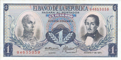 Colombia 1 Peso Oro  7 Agosto 1971
