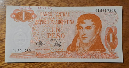 Bottero N 2311 Billete 1 Peso Ley 18.188. Escrito!!!!