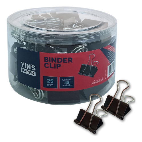 Prendedor De Papel Binder Clip 25mm Pote Com 48 Peças Metal Cor Preto