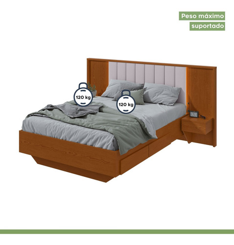 Cama Casal 140cm Com Usb, Usb-c 2 Mesa De Cabeceiras Wt