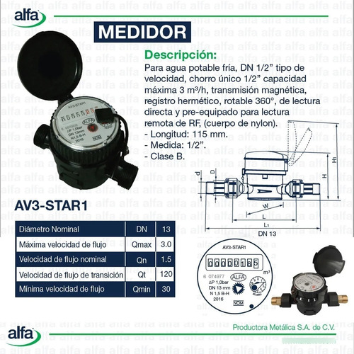 Medidor De Agua Potable Chorro Único 1/2 Nylon Marca Alfa