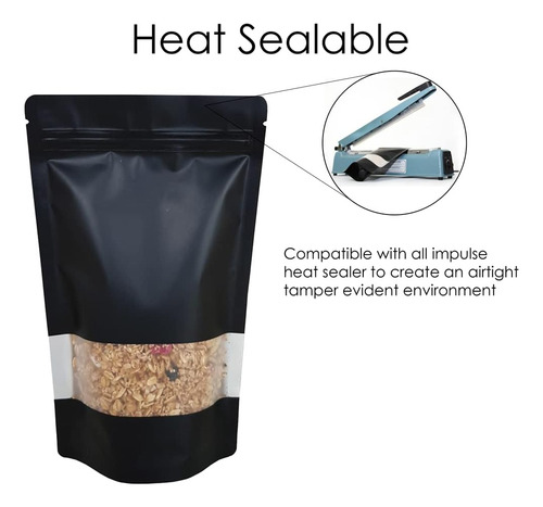 100 Bolsas Stand Up Pouch Negras Con Ventana Para 40g