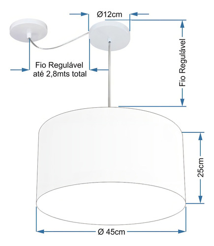 Lustre Pendente Cilíndrico Com Desvio Md-4228 Cúpula em Tecido 45x25cm Linho Bege - 127/220V