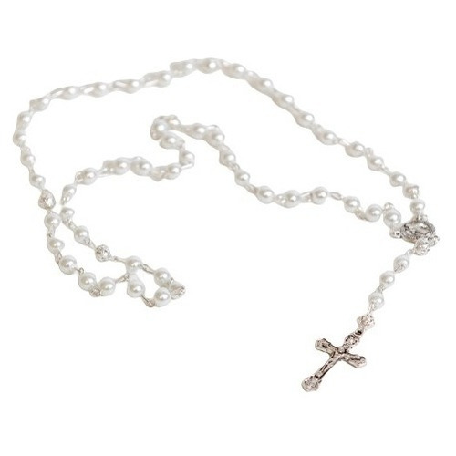 Collar Con Rosario De Perlas Católicas Y Cruz Color Blanco