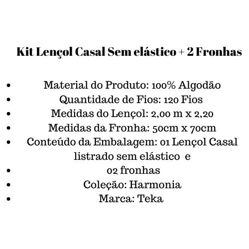 Kit Lençol Casal Sem Elástico E Fronha Teka 100% Algodão