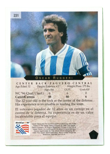 Carta Oscar Ruggeri #231 Mundial Usa 94 Upper Deck Oscar Ruggeri Jugador (Usado)