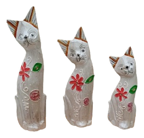 Gatos En Madera D India Tallados Pindados Set X 3 Importados