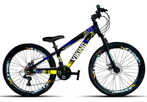 Mountain bike VikingX Tuff 25 aro 26 13.5" 21v freios de disco mecânico câmbios Shimano Tourney cor preto/azul/amarelo/branco