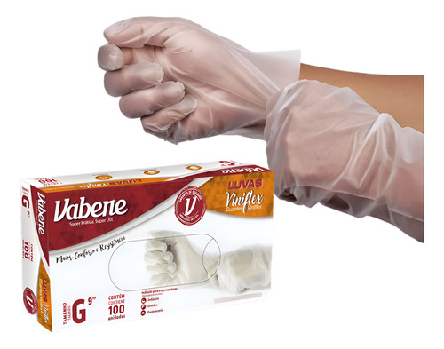 Luvas descartáveis Vabene Viniflex cor transparente tamanho G de elastômero termoplástico x 100 unidades