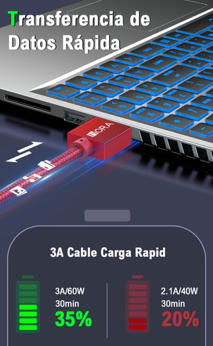 Cabo de carregamento rápido USB A tipo C 18w 3m reforçado com nylon 1m cor vermelha