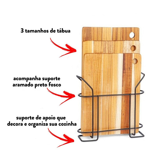 Imagem 3 de 9 de Tábua De Corte Legumes Carne Com 3 Tábuas + Suporte Preto