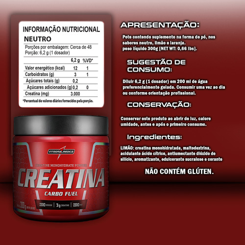 Creatina Integralmédica 300g Sabor Limão Força Esportes Foco