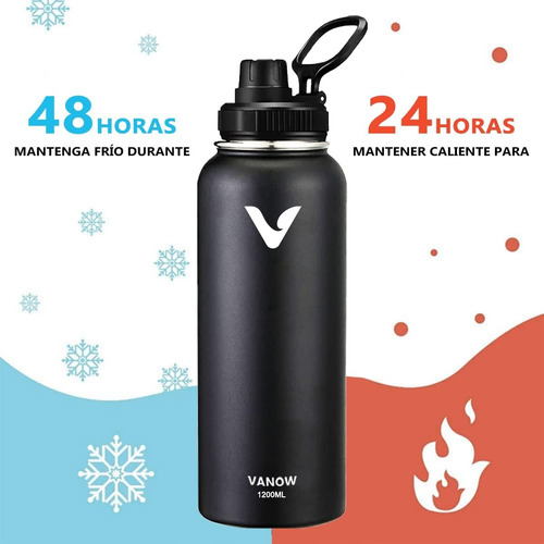 Termo De Acero Inoxidable, Termo De Agua Con 2 Tapas Negro