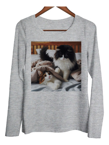 Remera Mujer Ml Gatas Cama Felices Diversion Mascota