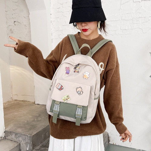 Mochila Escolar Importada Pines Dibujito Combinada Bolsillos Verde