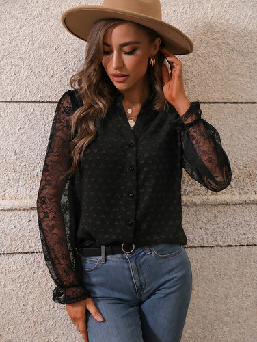 Camisa Blusa De Manga Larga Malla Transparente Para Mujer