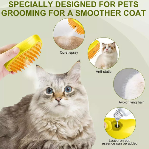 3 In 1 Depilación Cepillo De Vapor Para Mascotas Peine Cepillo Automático Amarillo Cepillo Eléctrico De Limpieza A Vapor Y Gatos