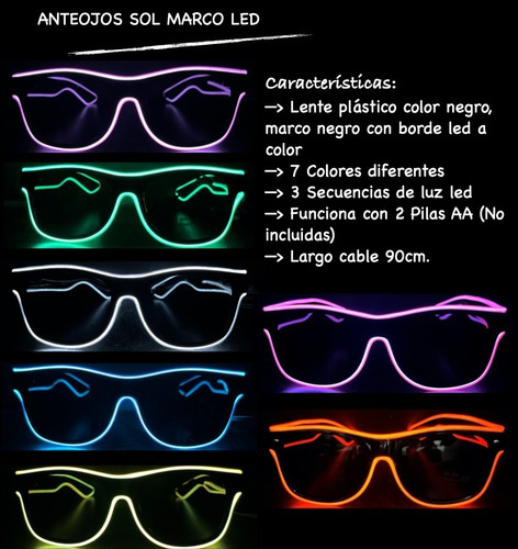 Imagen 4 de 10 de Lentes De Sol Luz Neon Led A Pilas Gafas Anteojos Luminoso