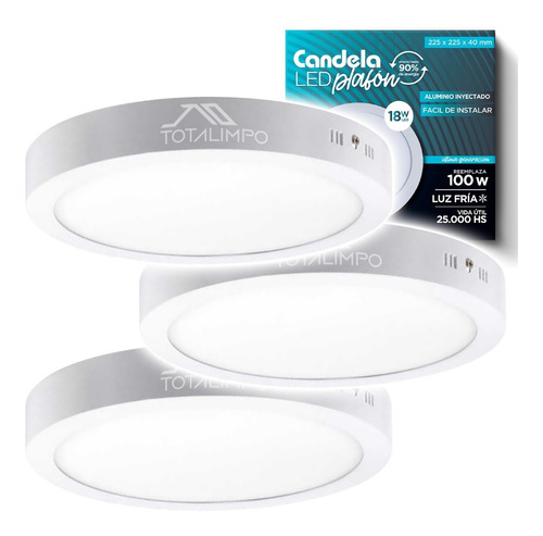 3 Plafones Led Redondos Con Base 18w Fría Candela 6833