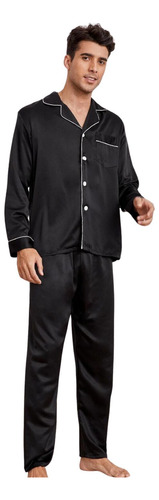 Pijama Masculino Americano Cetim De Seda Com Calça Preto