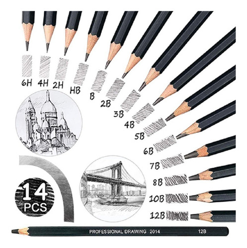 Conjunto Kit 14 Lápis Profissional Graduado Desenho Esboço