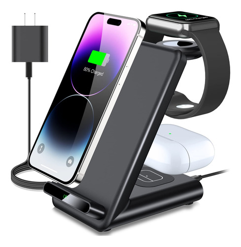 Estacion De Carga Inalambrica Compatible Con Iphone 3 En 1 Black