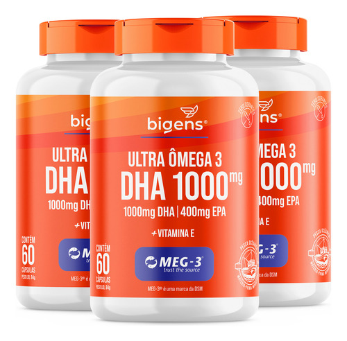 Kit 3x 60 Cápsulas Ultra Ômega 3 Dha 1000mg 400mg Epa Certificado De Segurança Internacional Meg-3 Biogens