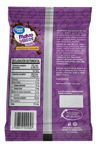 Malvaviscos Minis Great Value Cubiertos De Chocolate Con Leche 130 G