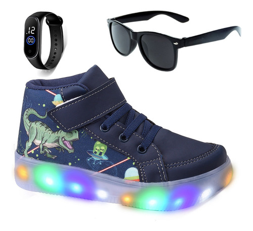 Tênis De Led Masculino Infantil Dinossauro + Relogio+oculos