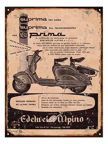 Cartel Chapa Publicidad Antigua Nsu Prima P257