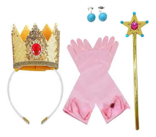 Kit Princesa Peach Figura Super Mario Corona Varita Guantes