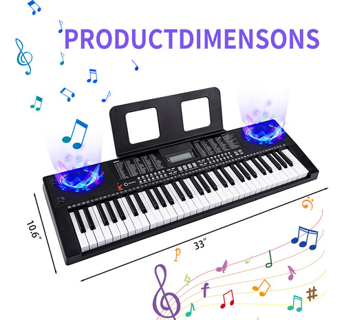 Besser Teclado 61 Teclas Bluetooth Midi Piano Electrónico con Sensibilidad al Tacto 200 Tonos y Ritmos Modo Doble Altavoces Estéreo Portátil Compatible con App y Usb Negro