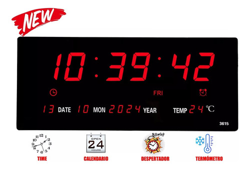 Reloj De Pared Digital Led Termómetro 4 Alarmas Y Calendario