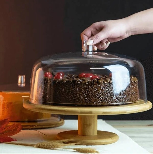 Imagem 2 de 10 de Boleira Bambu 33 Cm Com Cúpula E Base Com Pé Yoi Cozinha