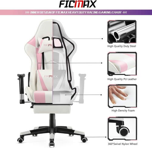 Silla Gamer Gaming Ficmax Vibración Apoya Pies Rosa Y Blanco