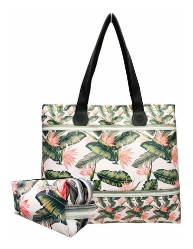 Bolsa Com Necessaire Feminina Tropical Folhas Magicc BN-191