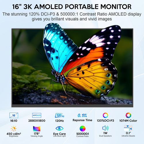 16 Monitor Portátil Oled, 3k 2880xhz 0.1ms Usb-c Hdmi Oled M