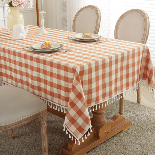 Mantel Rectangular Lavable A Cuadros Con Borlas Cuadrado A-orange Lisa
